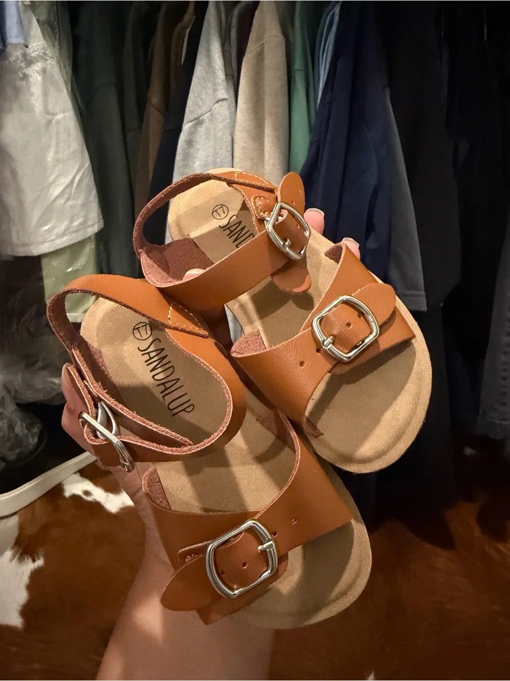 Kids Leather Buckle Sandals - Black and Tan